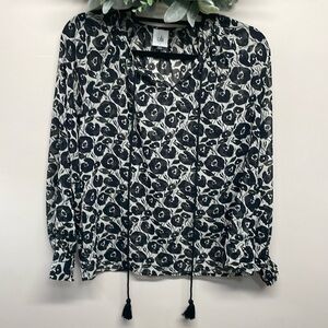 NWOT Cabi Island Black White Floral Semi Sheer Long Sleeve 8048 Tassel Blouse S